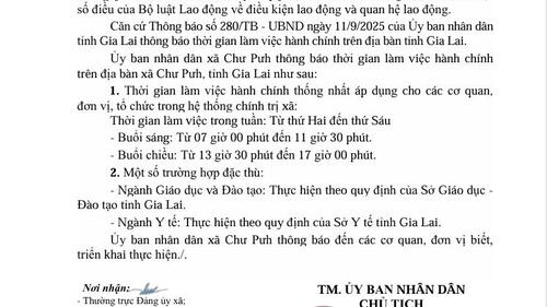 Thông báo Thời gian làm việc hành chính trên địa bàn xã Chư Pưh